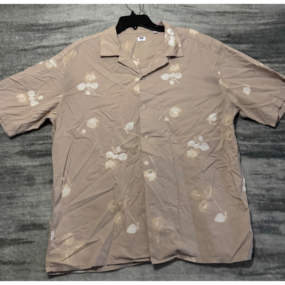 Uniqlo Mens Tan Botanical Leaf Print Modal Cotton Camp Collar Shirt Large 458065